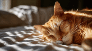 Sleeping Orange Cat on Soft Sunlit Bed