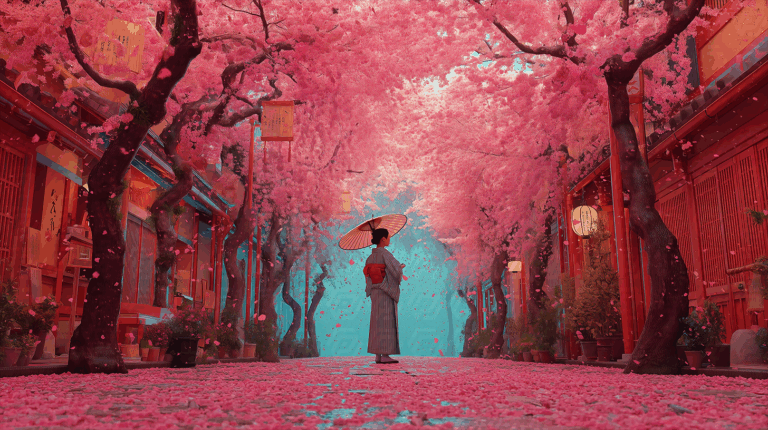 Woman in Kimono Walking Under Cherry Blossoms