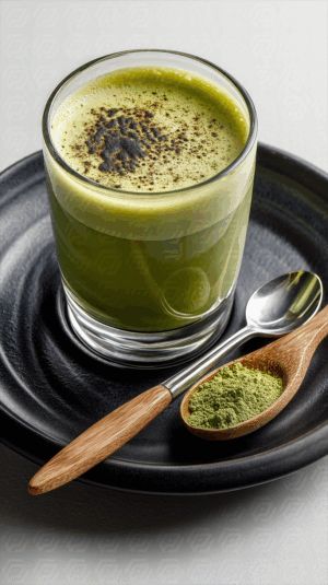 Fresh Matcha Drink with Powder Spoon on Ceramic Plate