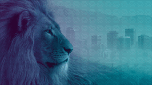 Majestic Lion Gazing Over a Modern City Skyline