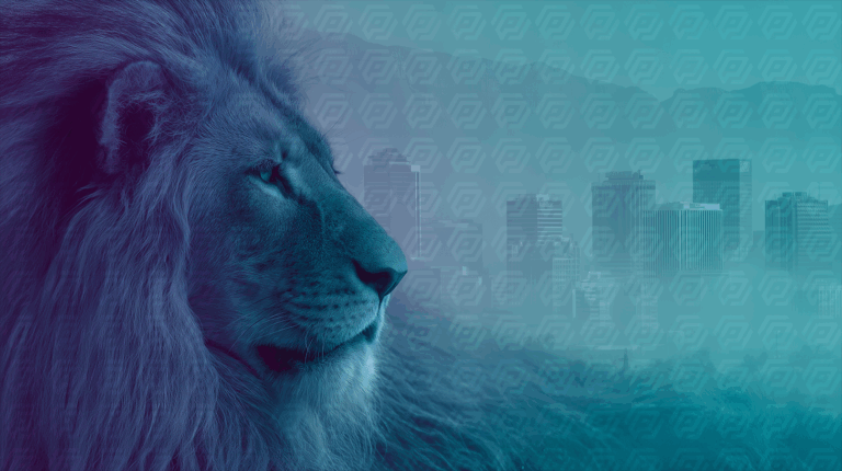 Majestic Lion Gazing Over a Modern City Skyline