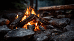 Campfire Burning Bright Among Rocks in Forest Setting