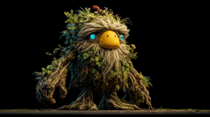 Whimsical Mossy Monster with Beak and Glowing Eyes