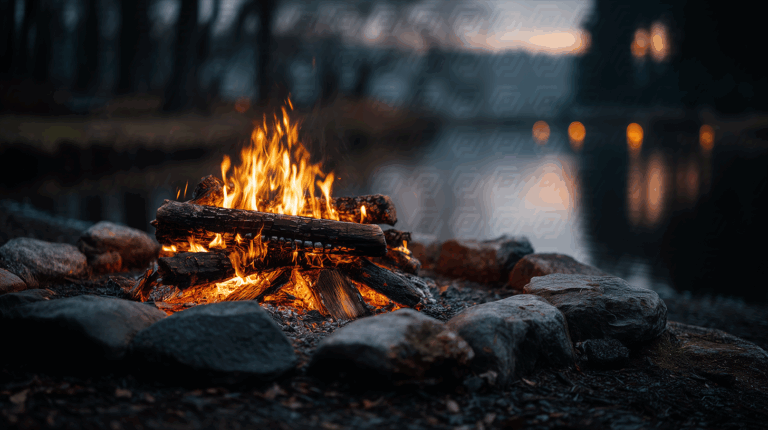 Glowing Campfire Reflected on Calm Water at Sunset