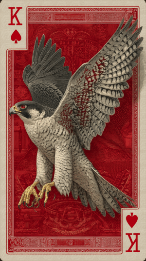 Red-Eyed Falcon as King of Spades on Decorative Card