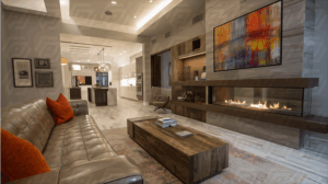 Modern Living Room With Fireplace And Abstract Art