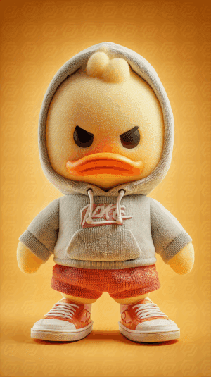 Stylized Cartoon Duck with Raised Eyebrows in Hooded Streetwear