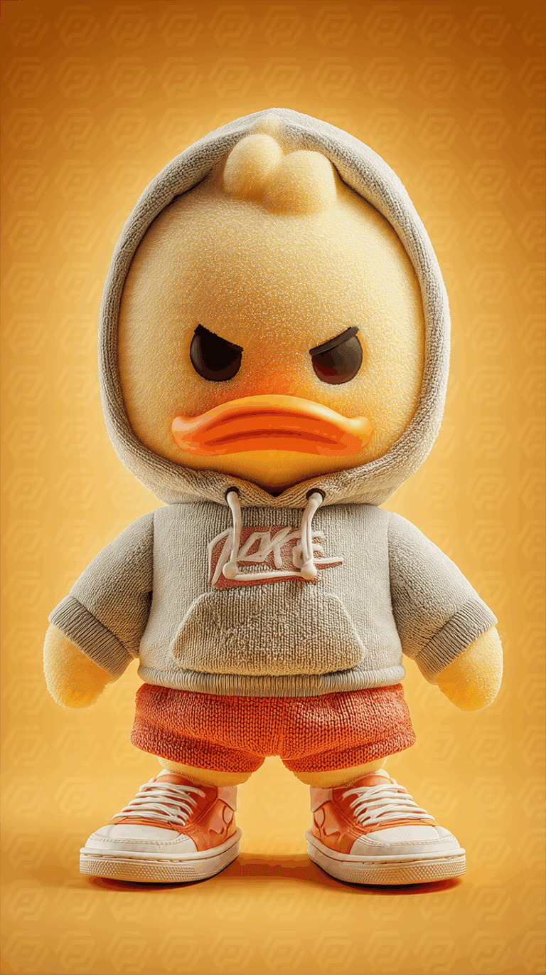 Stylized Cartoon Duck with Raised Eyebrows in Hooded Streetwear