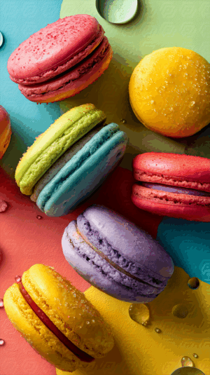 Artistic Assortment of Rainbow Macarons on a Colorful Background