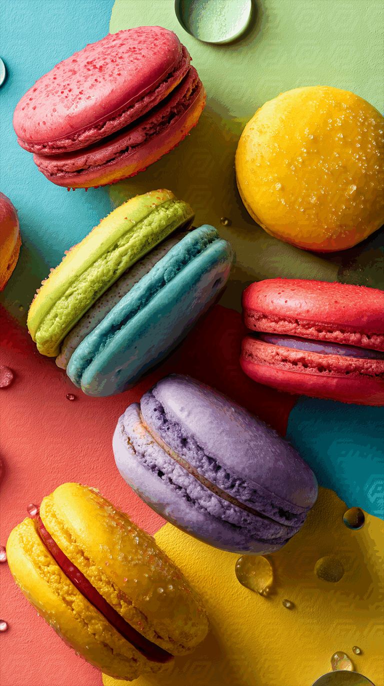 Artistic Assortment of Rainbow Macarons on a Colorful Background