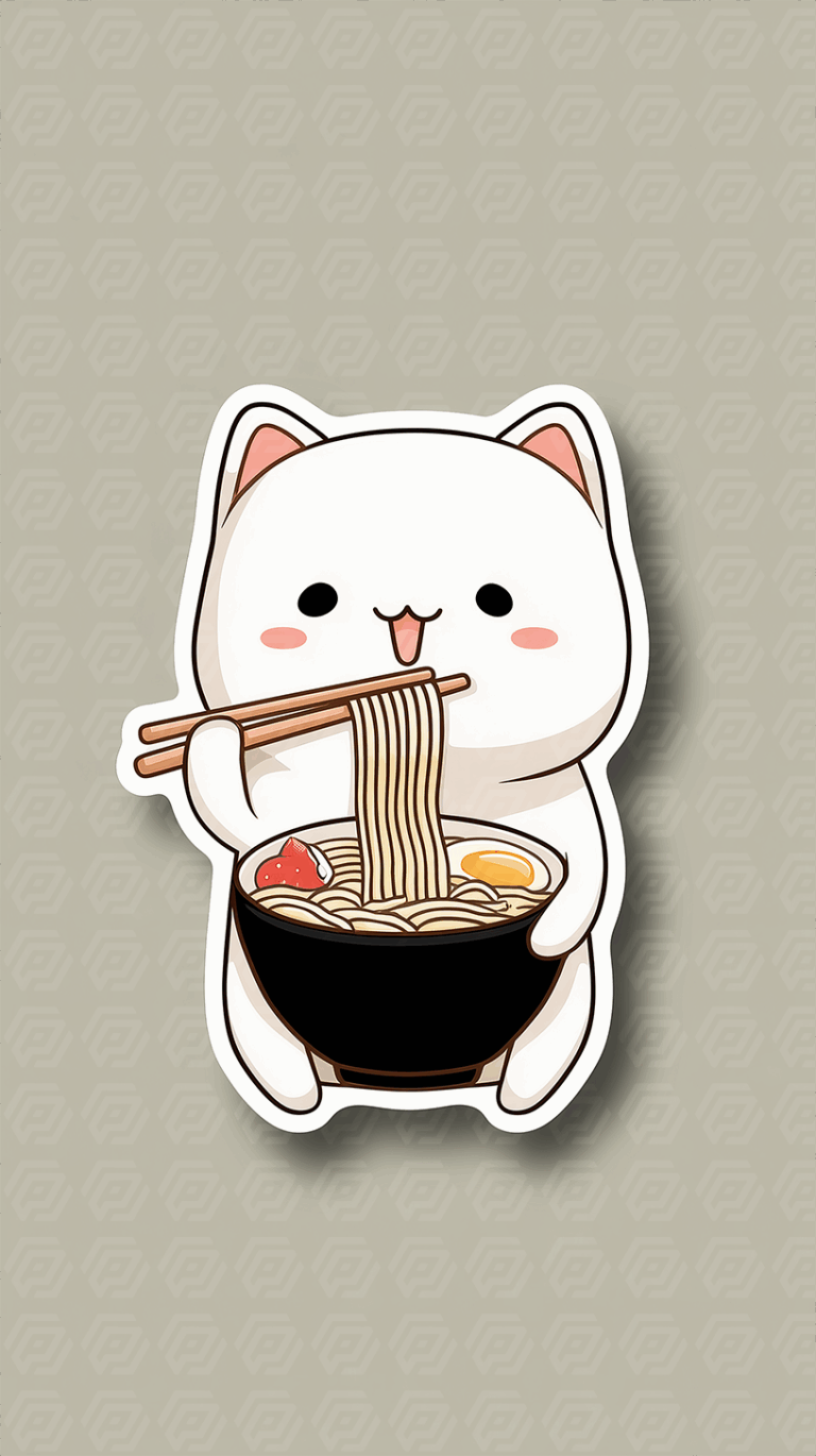 Cute Cartoon Cat Eating Ramen With Joyful Expression
