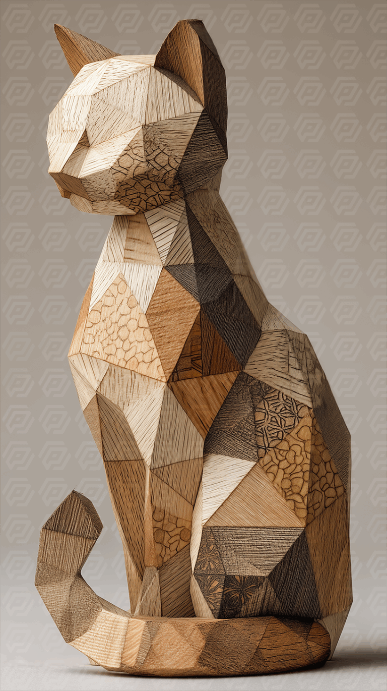 Geometric Wooden Cat Sculpture with Intricate Patterns
