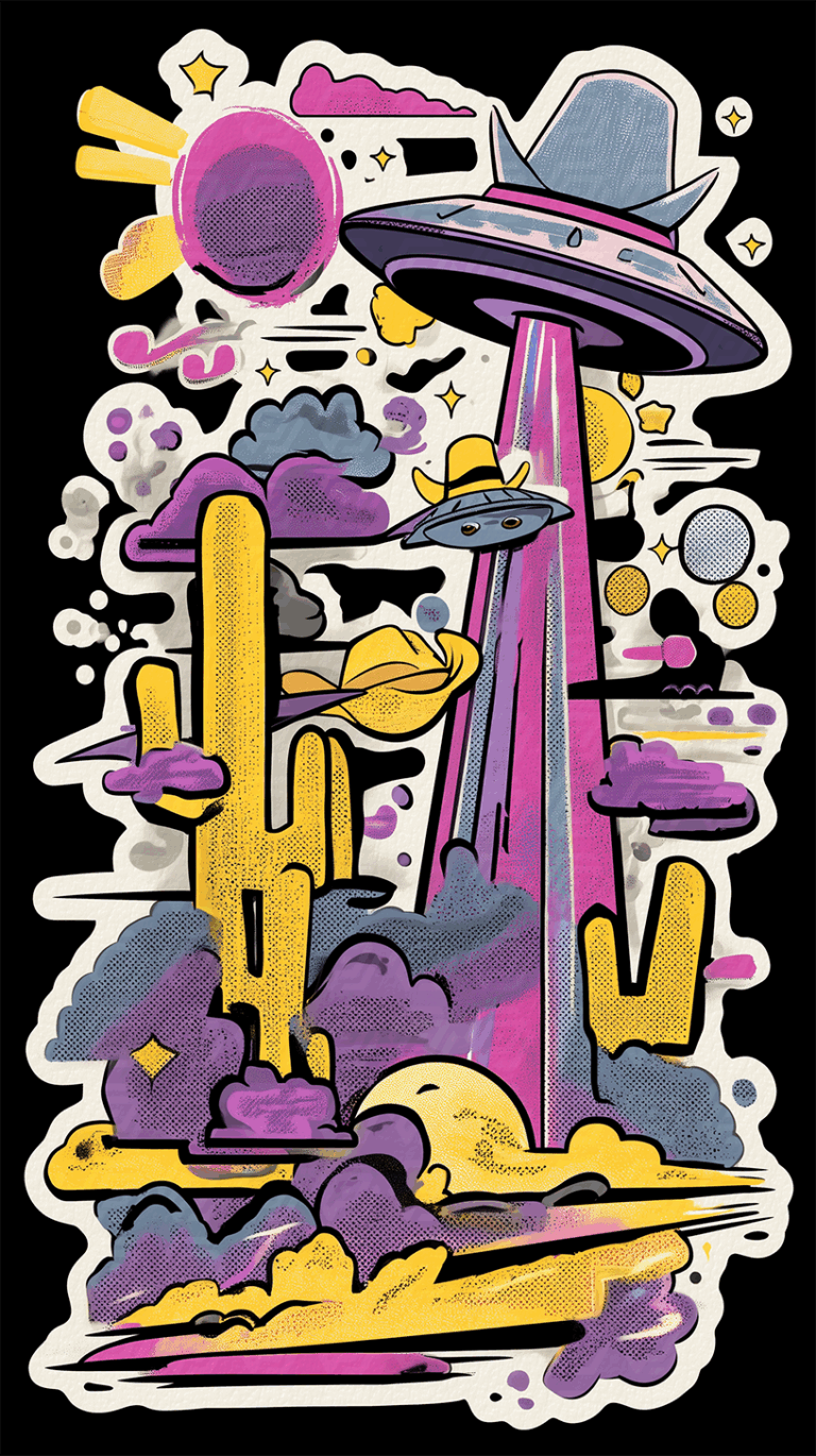 Stylized UFO in the Desert With Cartoon Cactus and Hat