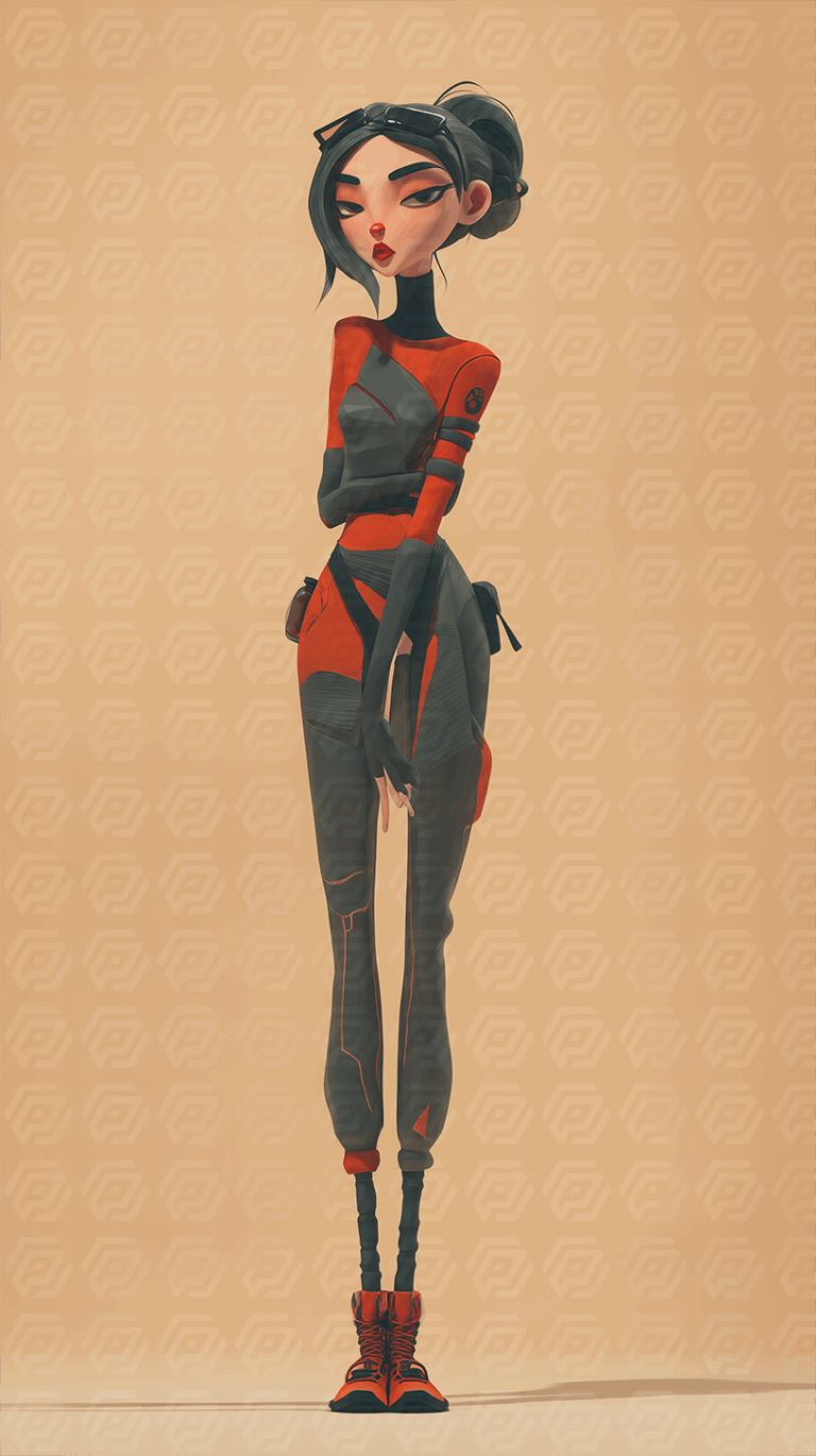 Stylized Red and Black Futuristic Woman Character in Hero Pose