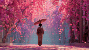 Cherry Blossom Street Scene With Traditional Attire
