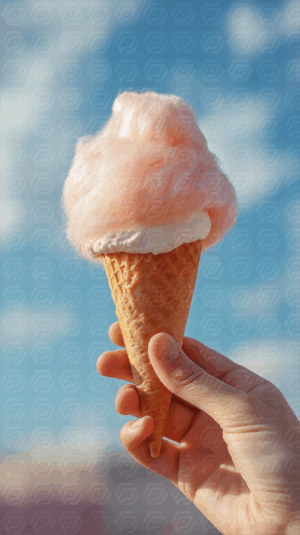 Cotton Candy Ice Cream Cone Against Blue Sky