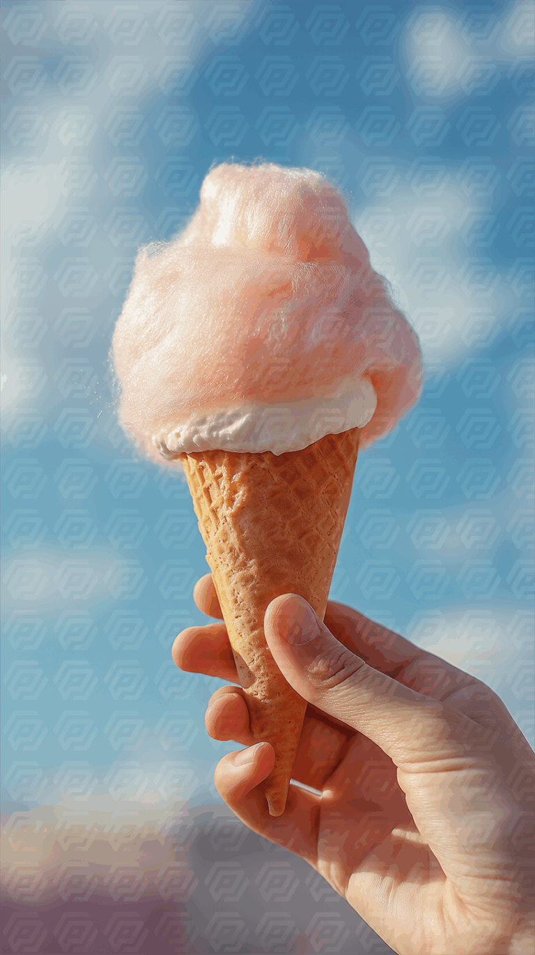 Cotton Candy Ice Cream Cone Against Blue Sky