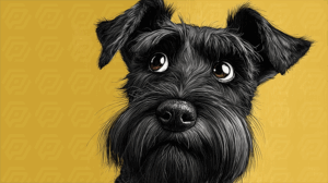Cartoon Schnauzer Dog Looking Up with Sad Expression on Yellow Background
