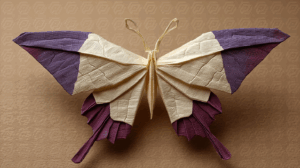 Purple and Cream Origami Butterfly on Brown Background