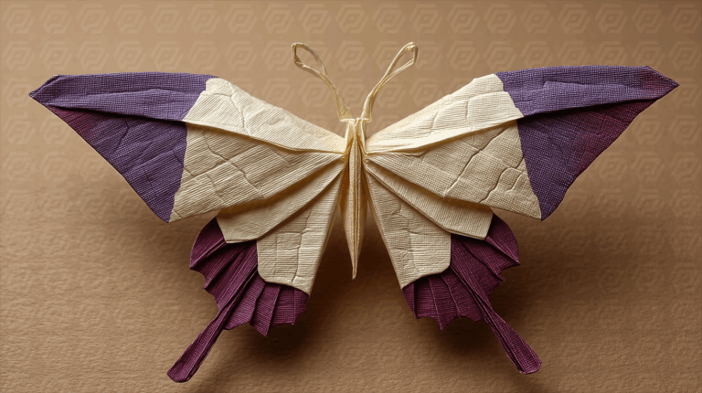 Purple and Cream Origami Butterfly on Brown Background