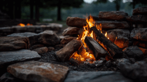 Stone Fire Pit with Glowing Campfire in Outdoor Setting