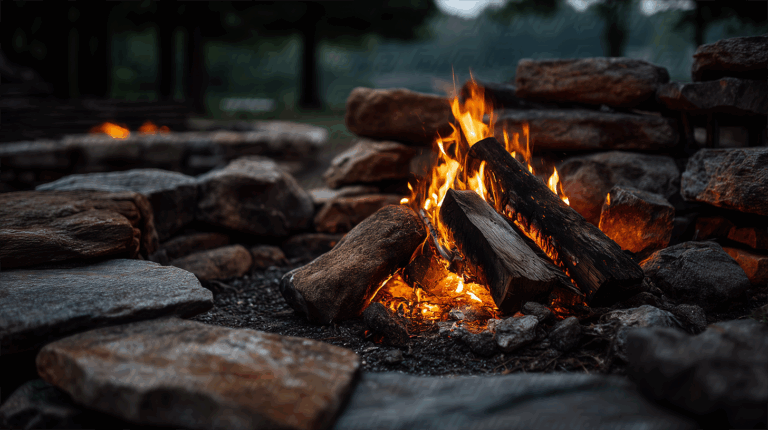 Stone Fire Pit with Glowing Campfire in Outdoor Setting
