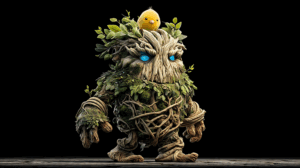 Walking Tree Creature with Chick and Glowing Eyes