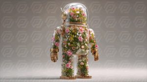 Retro-Inspired Floral Robot in Dome Helmet with Blossoming Interior