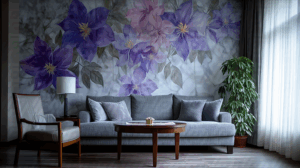 Elegant Living Room With Floral Wall Mural and Soft Gray Sofa