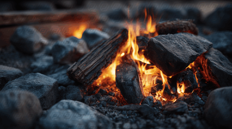 Close-Up of Burning Firewood and Rocks in a Campfire