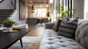 Bright Living Room With Tufted Sofa And Black Coffee Table