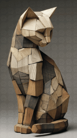 Wooden Patchwork Cat Figurine with Natural Tones