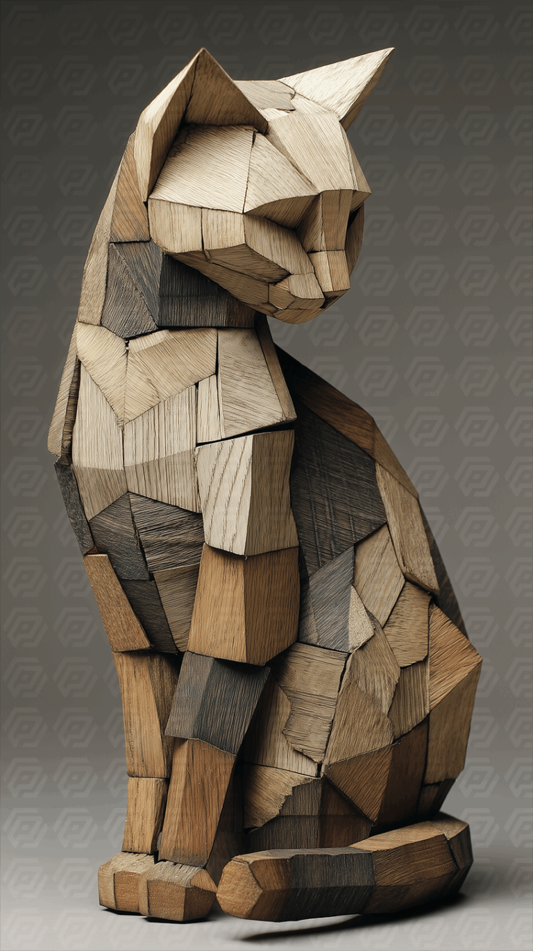 Wooden Patchwork Cat Figurine with Natural Tones