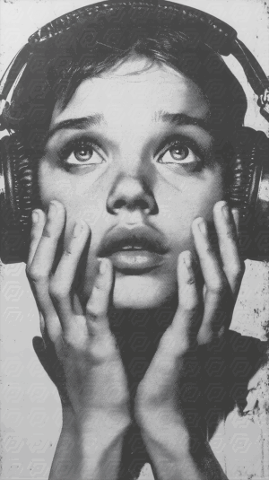 Black and White Retro Portrait of a Woman Immersed in Music