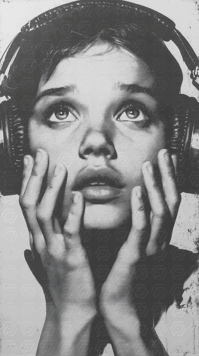 Black and White Retro Portrait of a Woman Immersed in Music