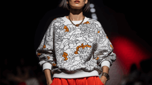 Monochrome Floral Sweatshirt with Orange Accents on Runway