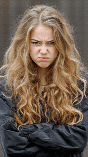 Blonde Teenage Girl Showing Anger with Arms Crossed Outdoors