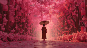 Romantic Cherry Blossom Path With Lanterns and Kimono
