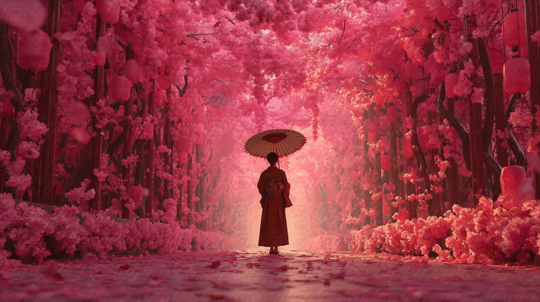 Romantic Cherry Blossom Path With Lanterns and Kimono