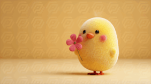 Cute Round Chick with Pink Flower on Yellow Background