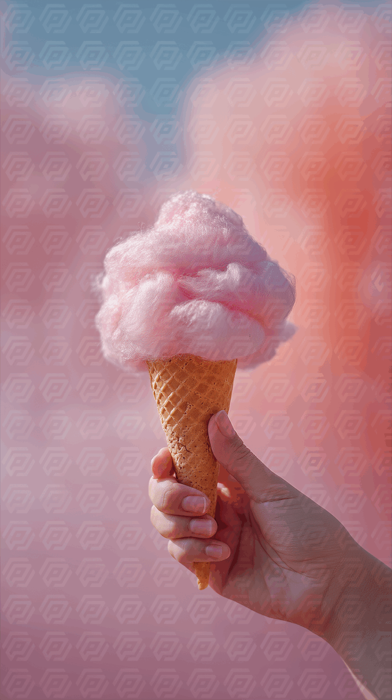 Whimsical Cotton Candy Ice Cream Cone with Pink Cloud Background