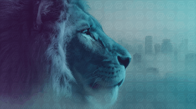 Powerful Lion in Blue Fog Overlooking Futuristic City