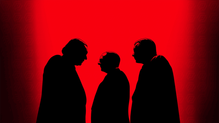 Three Men in Silhouette Against Red Background