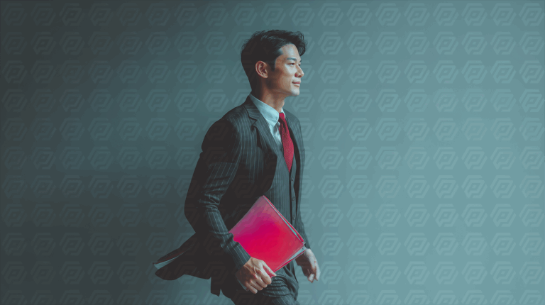 Confident Businessman Walking with Red Folder in Studio Light