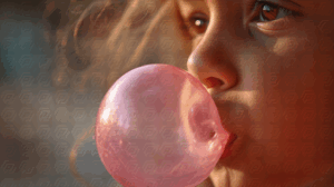 Close-Up Portrait of Child Blowing Pink Bubblegum
