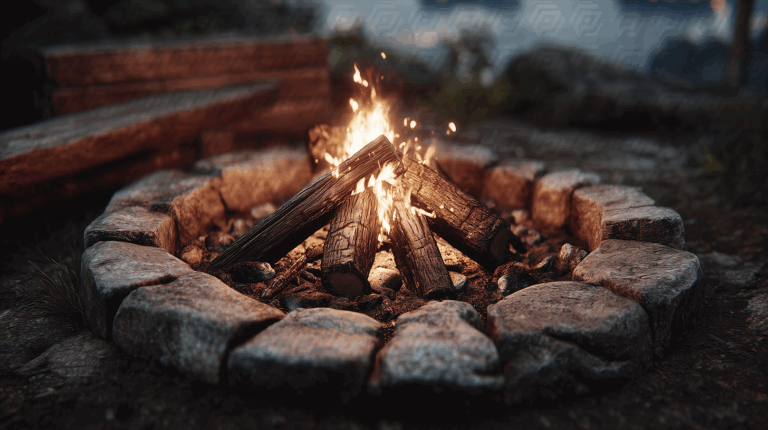 Campfire in Stone Ring Glowing at Dusk