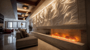 Modern Living Room With Sculpted Wall And Electric Fireplace