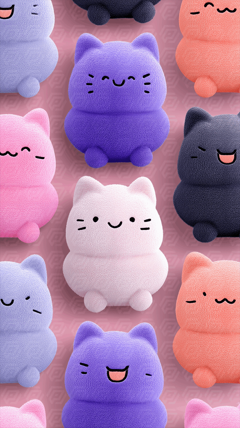 Colorful Plush Cats with Whimsical Faces on Pink Background