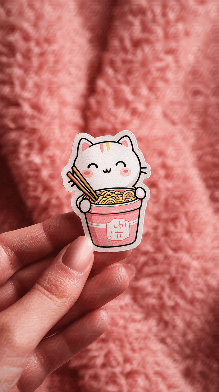 Cute Cat Holding Noodles in Pink Cup Sticker
