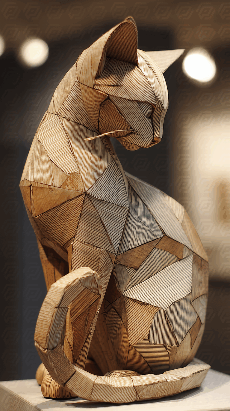 Geometric Wooden Cat Sculpture with Elegant Linework